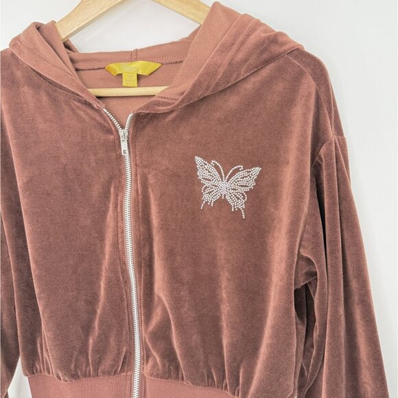 Cult Favorite Hoodie Velour Zip Up Butterfly Rhinestone Jacket Sz M Y2K Hipster - Picture 2 of 11